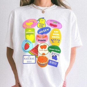 Fruit Stickers Graphic Tee, Preppy Summer Shirt